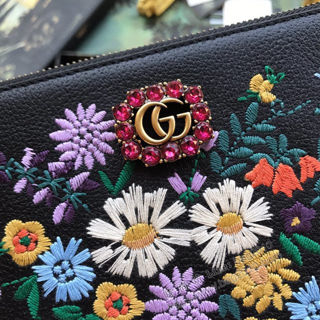 Gucci包 古馳新款手包 花朵刺繡手拿包 499310黑全皮  gdj1033